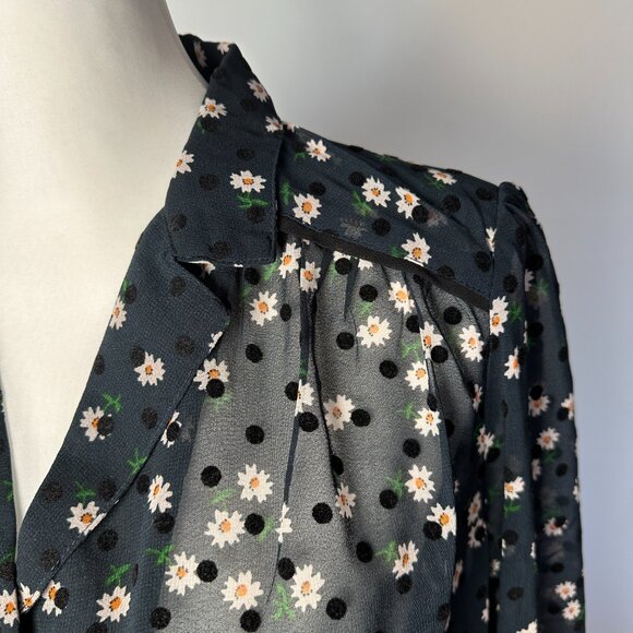 TOPSHOP navy sheer blouse with daisies and velvet polka dots size 8 - Picture 4 of 9